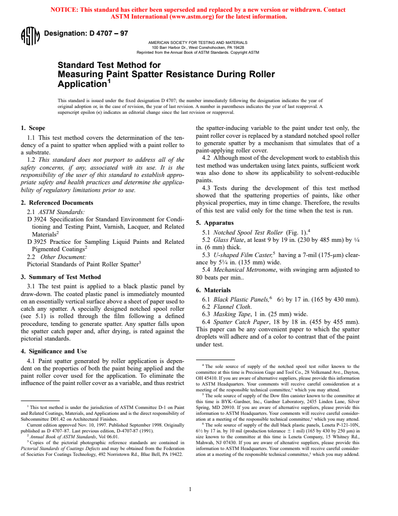 ASTM D4707-97 - Standard Test Method for Measuring Paint Spatter Resistance During Roller Application