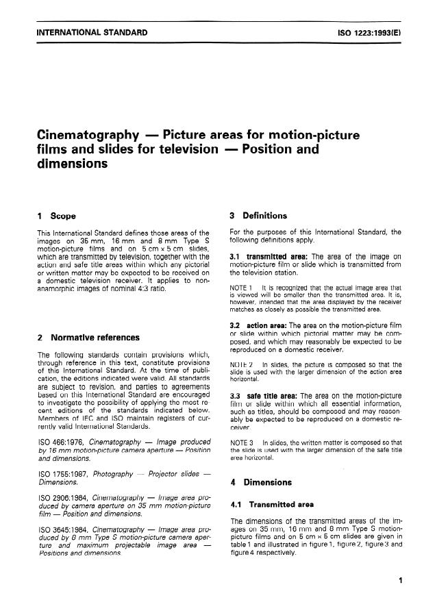 ISO 1223:1993 - Cinematography -- Picture areas for motion-picture films and slides for television -- Position and dimensions