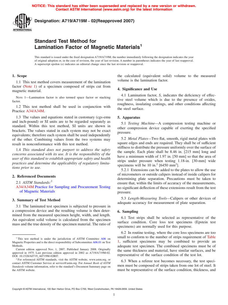 ASTM A719/A719M-02(2007) - Standard Test Method for Lamination Factor of Magnetic Materials