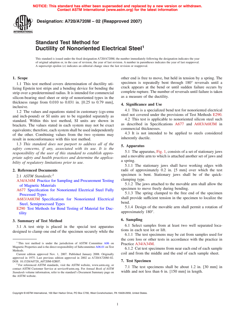 ASTM A720/A720M-02(2007) - Standard Test Method for Ductility of Nonoriented Electrical Steel