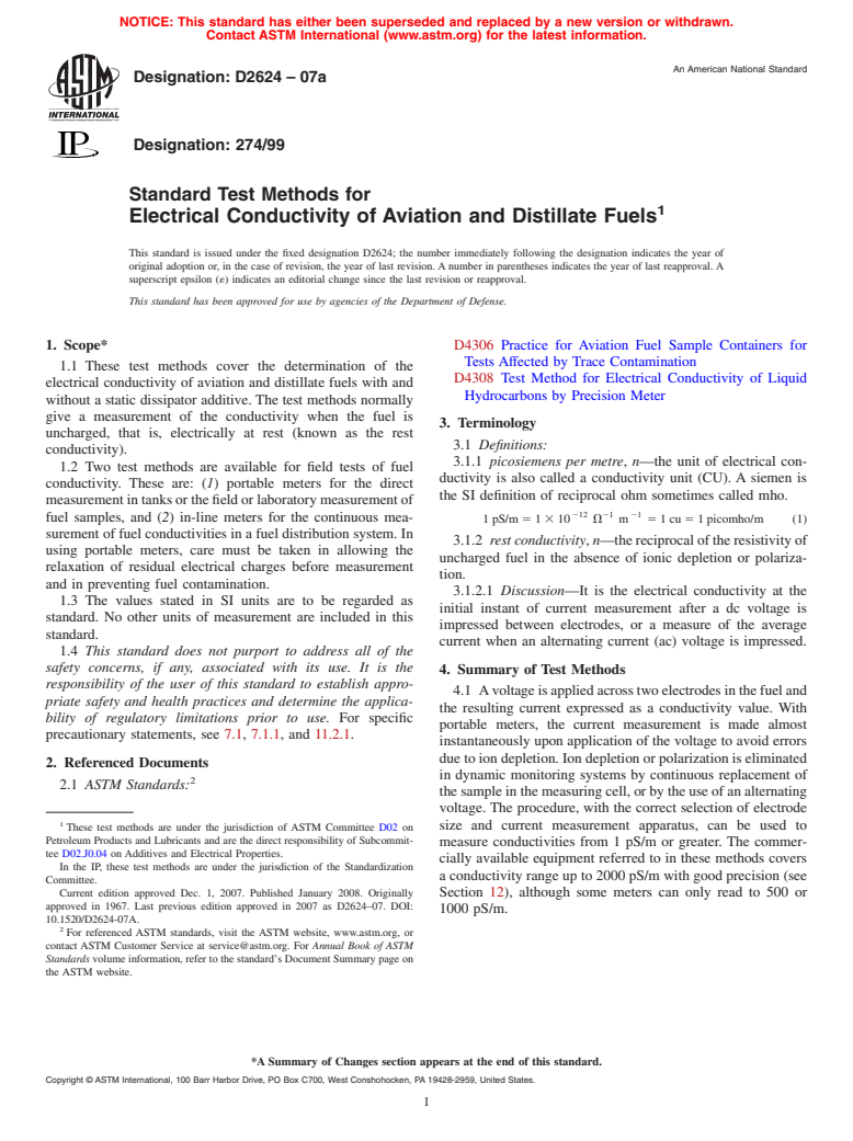 ASTM D2624-07a - Standard Test Methods for Electrical Conductivity of Aviation and Distillate Fuels