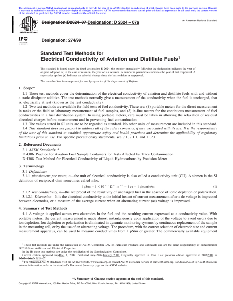 REDLINE ASTM D2624-07a - Standard Test Methods for Electrical Conductivity of Aviation and Distillate Fuels