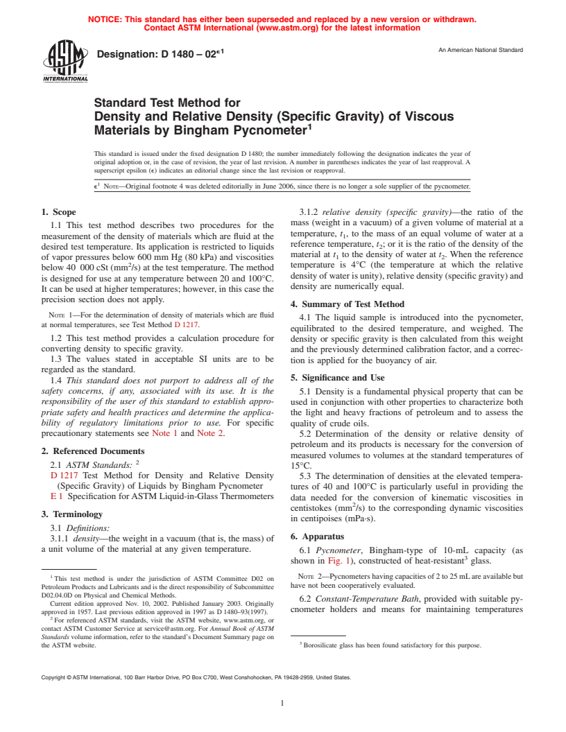 ASTM D1480-02e1 - Standard Test Method for Density and Relative Density (Specific Gravity) of Viscous Materials by Bingham Pycnometer