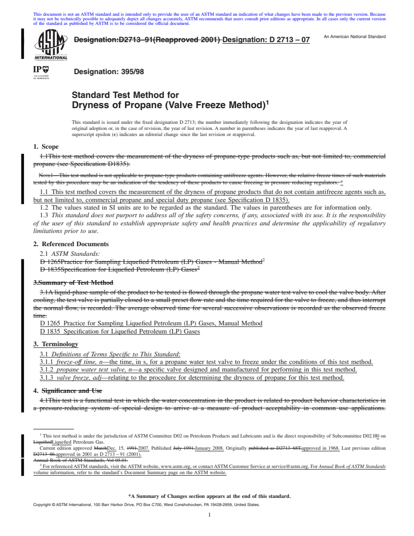 REDLINE ASTM D2713-07 - Standard Test Method for  Dryness of Propane (Valve Freeze Method)