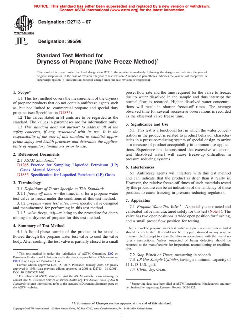 ASTM D2713-07 - Standard Test Method for  Dryness of Propane (Valve Freeze Method)