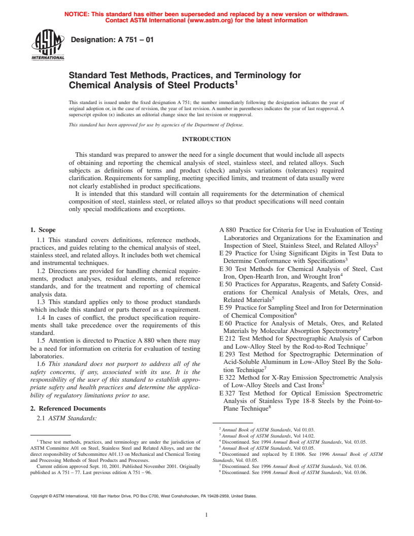 ASTM A751-01 - Standard Test Methods, Practices, and Terminology for Chemical Analysis of Steel Products