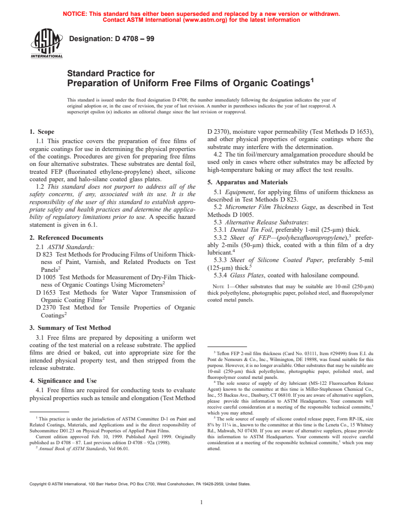 ASTM D4708-99 - Standard Practice for Preparation of Uniform Free Films of Organic Coatings