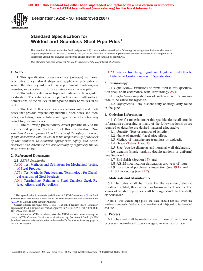 ASTM A252-98(2007) - Standard Specification for  Welded and Seamless Steel Pipe Piles