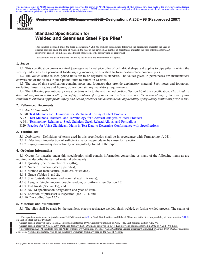 REDLINE ASTM A252-98(2007) - Standard Specification for  Welded and Seamless Steel Pipe Piles