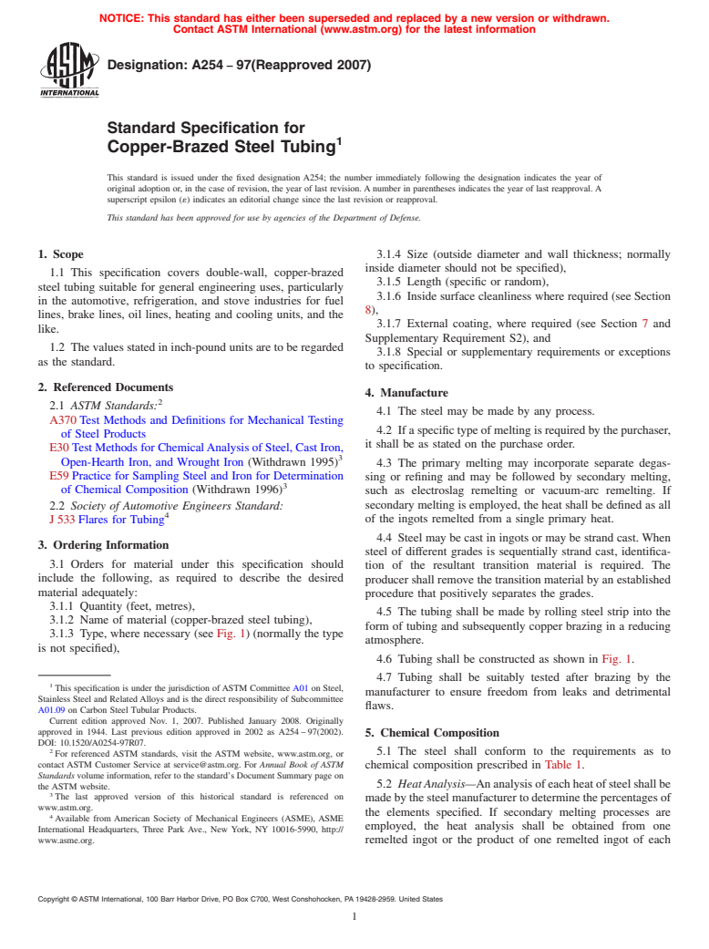 ASTM A254-97(2007) - Standard Specification for  Copper-Brazed Steel Tubing