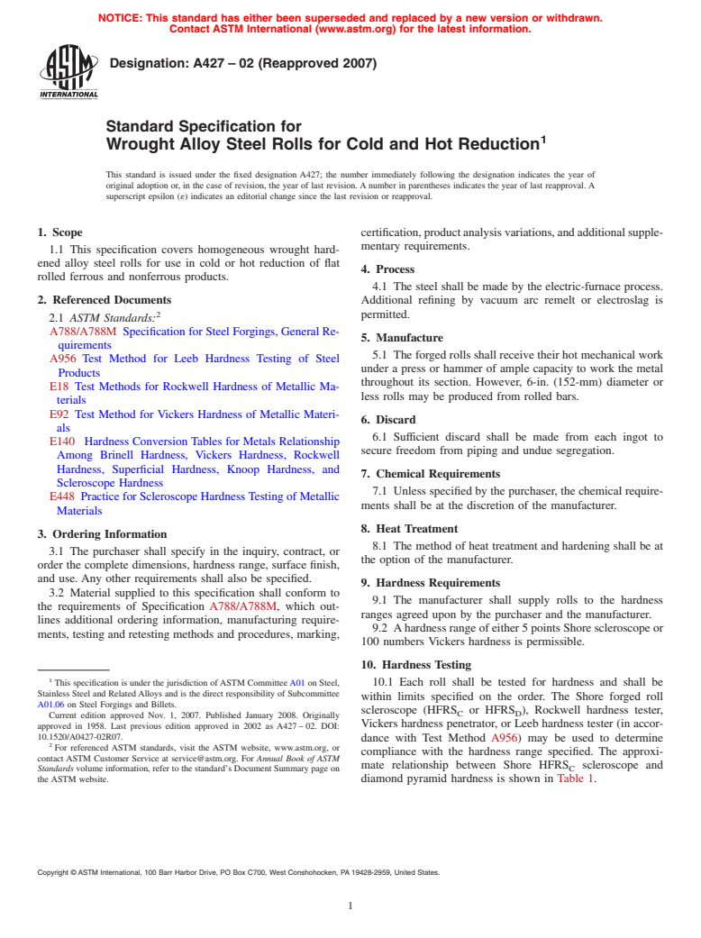 ASTM A427-02(2007) - Standard Specification for  Wrought Alloy Steel Rolls for Cold and Hot Reduction