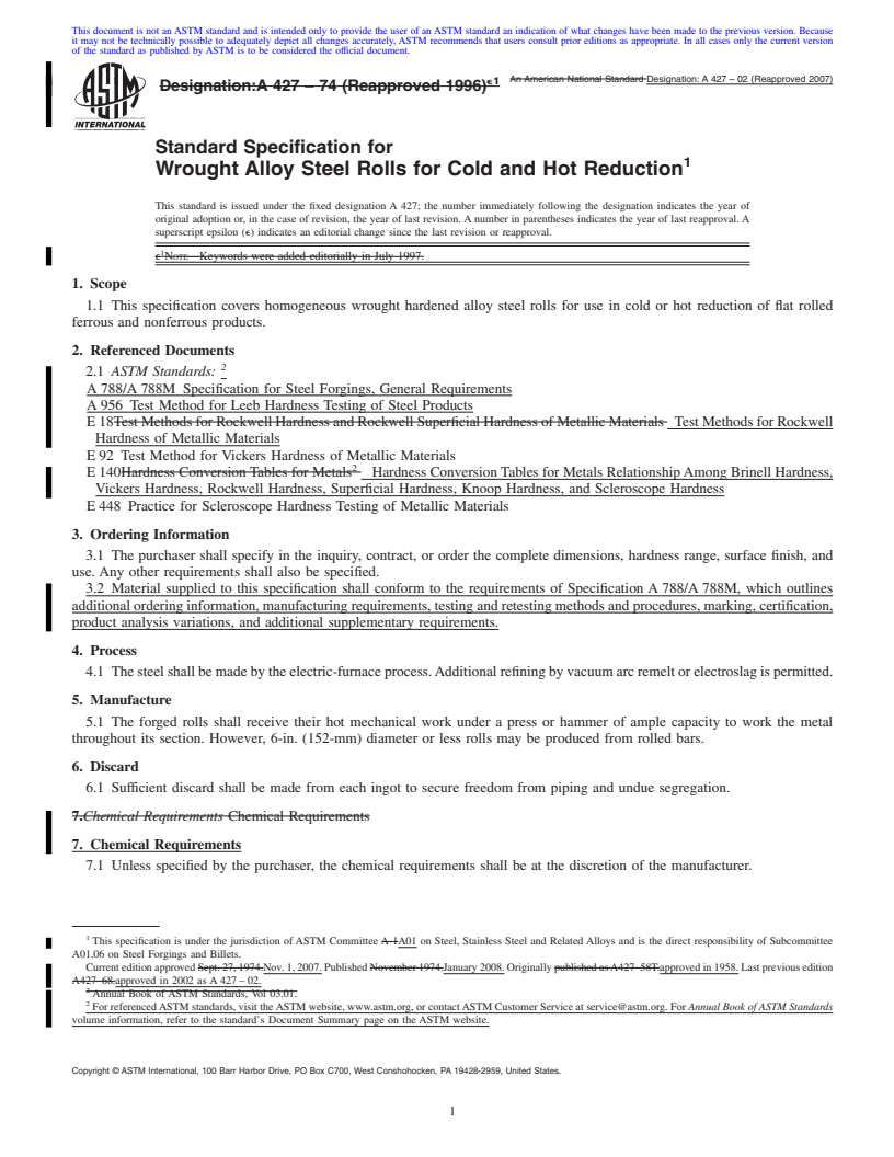 REDLINE ASTM A427-02(2007) - Standard Specification for  Wrought Alloy Steel Rolls for Cold and Hot Reduction