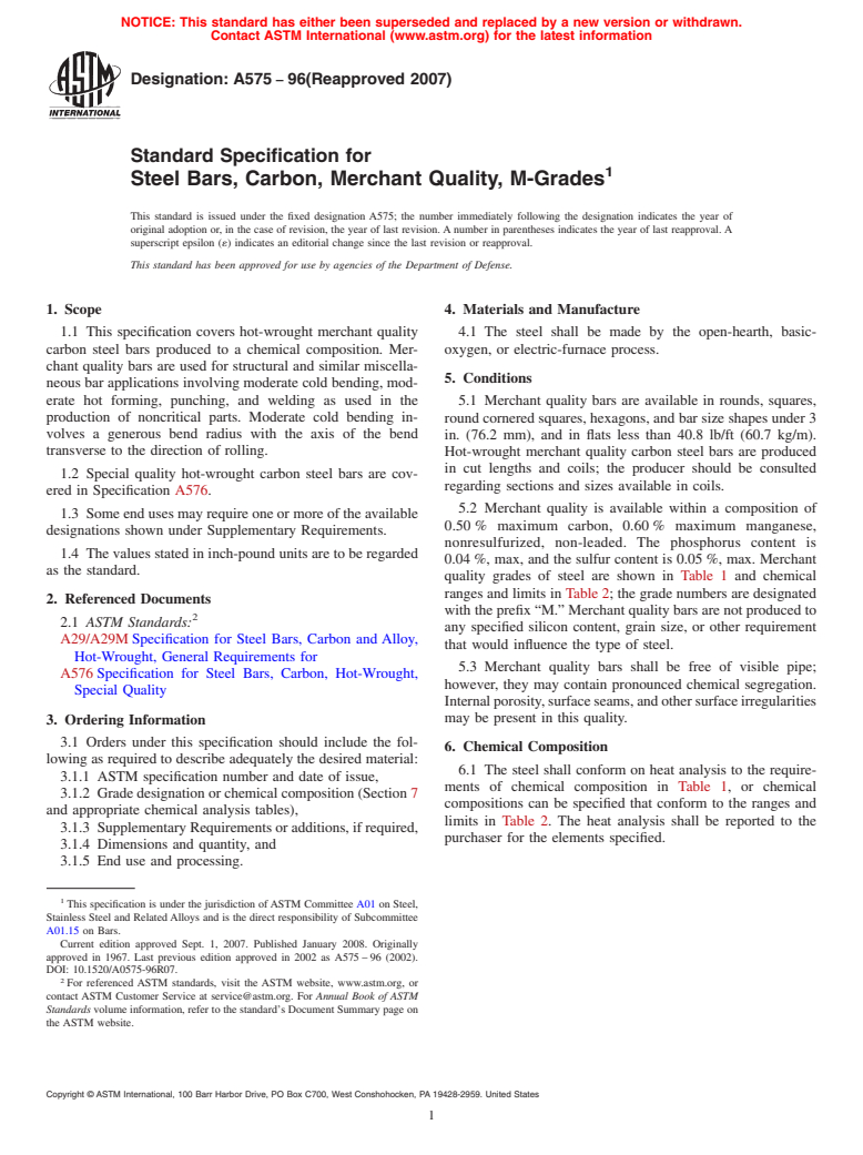 ASTM A575-96(2007) - Standard Specification for  Steel Bars, Carbon, Merchant Quality, M-Grades