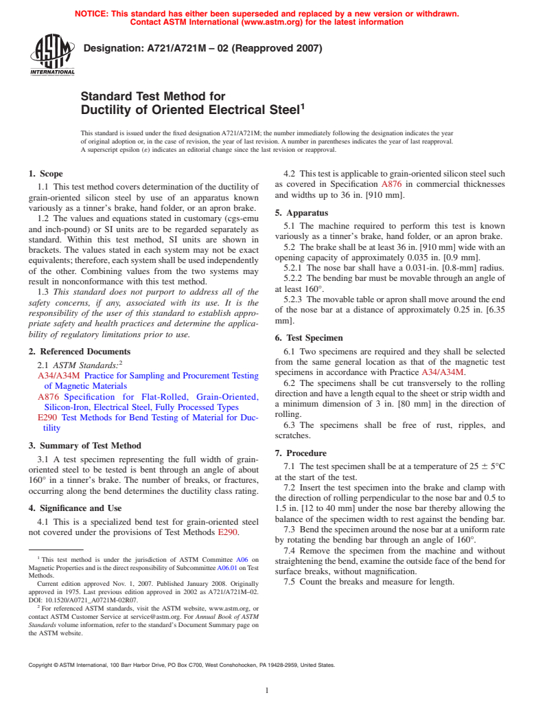 ASTM A721/A721M-02(2007) - Standard Test Method for  Ductility of Oriented Electrical Steel