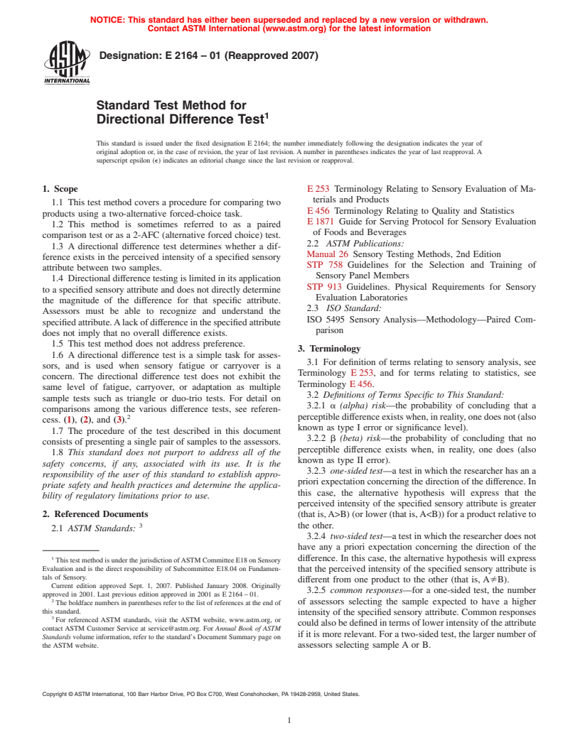 ASTM E2164-01(2007) - Standard Test Method for Directional Difference Test