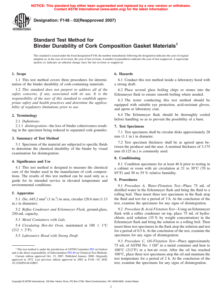 ASTM F148-02(2007) - Standard Test Method for  Binder Durability of Cork Composition Gasket Materials