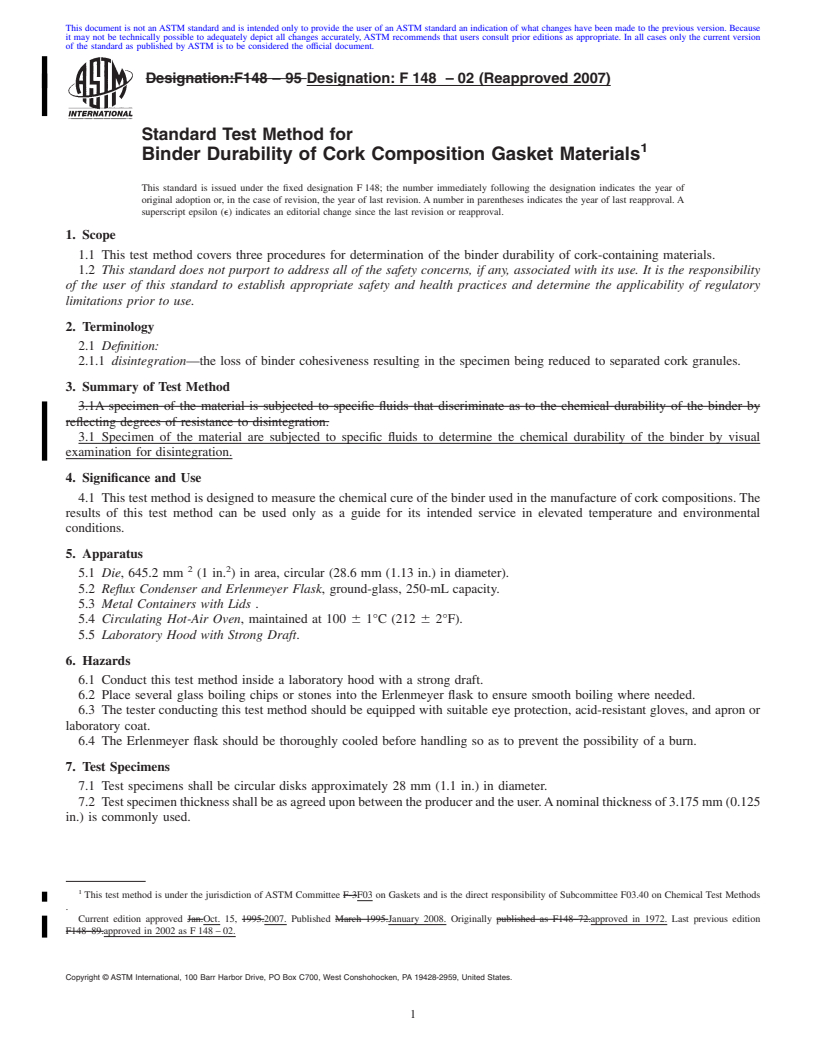 REDLINE ASTM F148-02(2007) - Standard Test Method for  Binder Durability of Cork Composition Gasket Materials