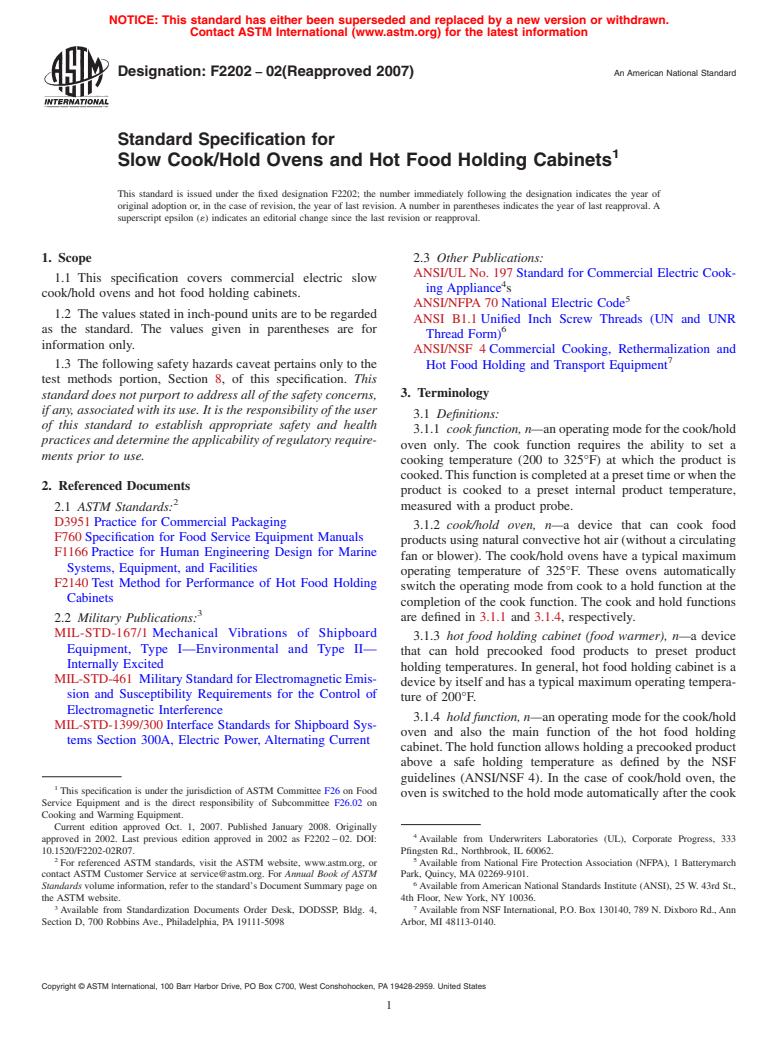 ASTM F2202-02(2007) - Standard Specification for Slow Cook/Hold Ovens and Hot Food Holding Cabinets