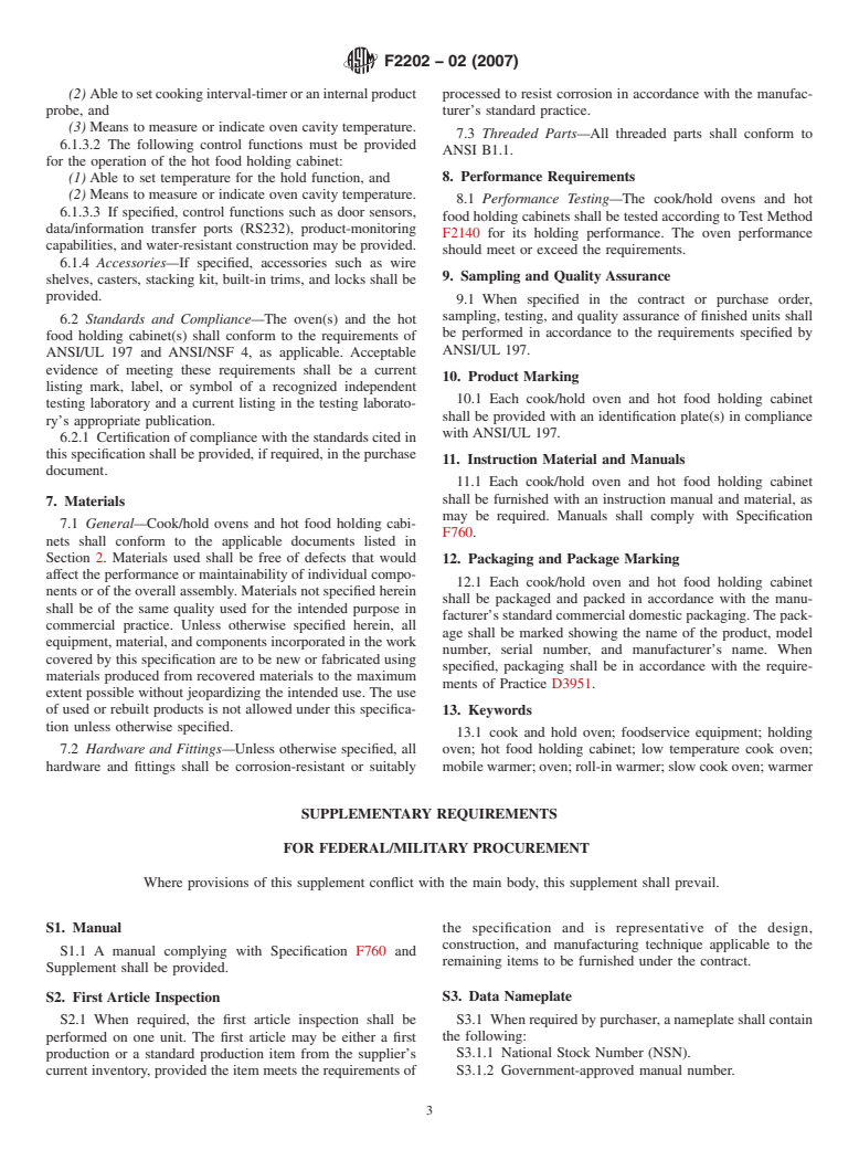 ASTM F2202-02(2007) - Standard Specification for Slow Cook/Hold Ovens and Hot Food Holding Cabinets