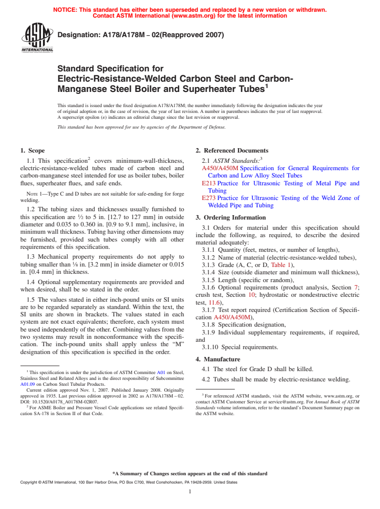 ASTM A178/A178M-02(2007) - Standard Specification for  Electric-Resistance-Welded Carbon Steel and Carbon-Manganese Steel Boiler and Superheater Tubes