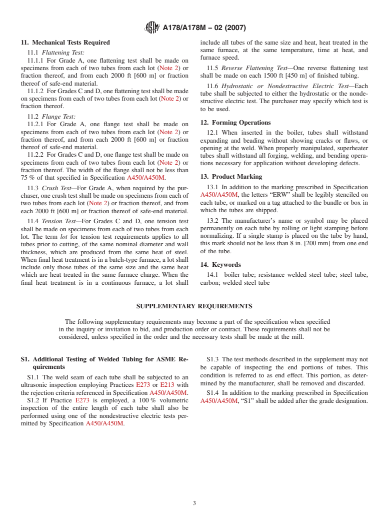 ASTM A178/A178M-02(2007) - Standard Specification for  Electric-Resistance-Welded Carbon Steel and Carbon-Manganese Steel Boiler and Superheater Tubes