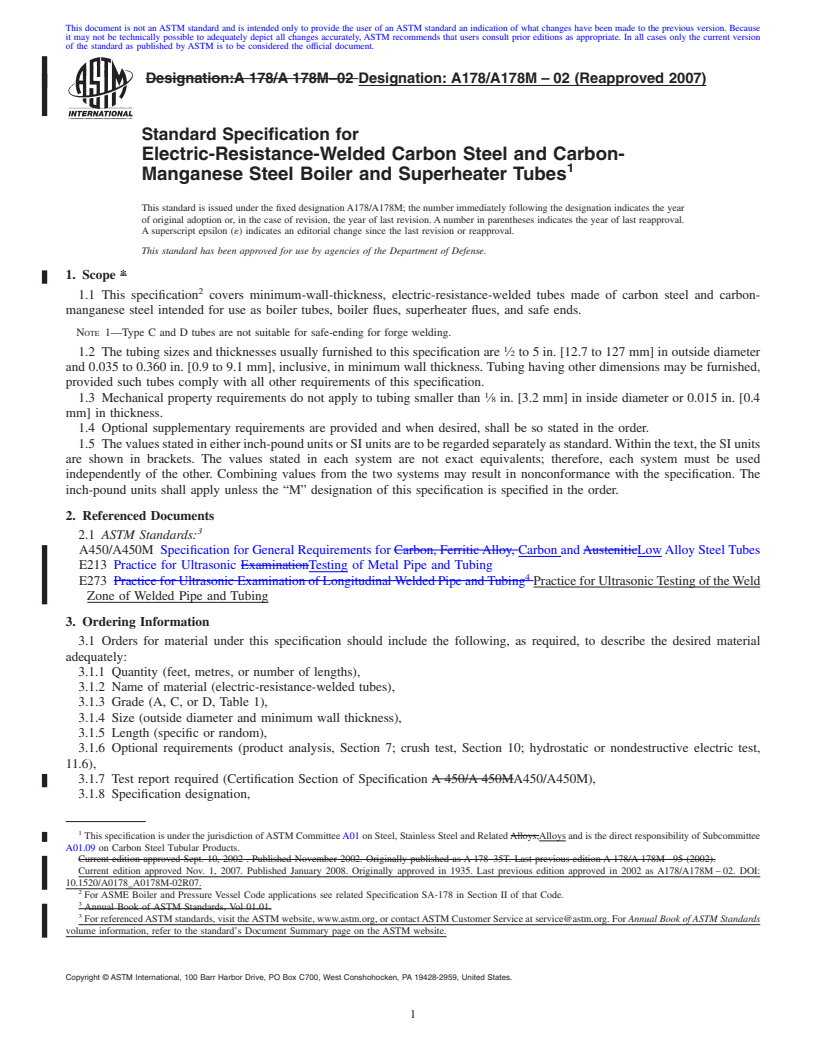 REDLINE ASTM A178/A178M-02(2007) - Standard Specification for  Electric-Resistance-Welded Carbon Steel and Carbon-Manganese Steel Boiler and Superheater Tubes