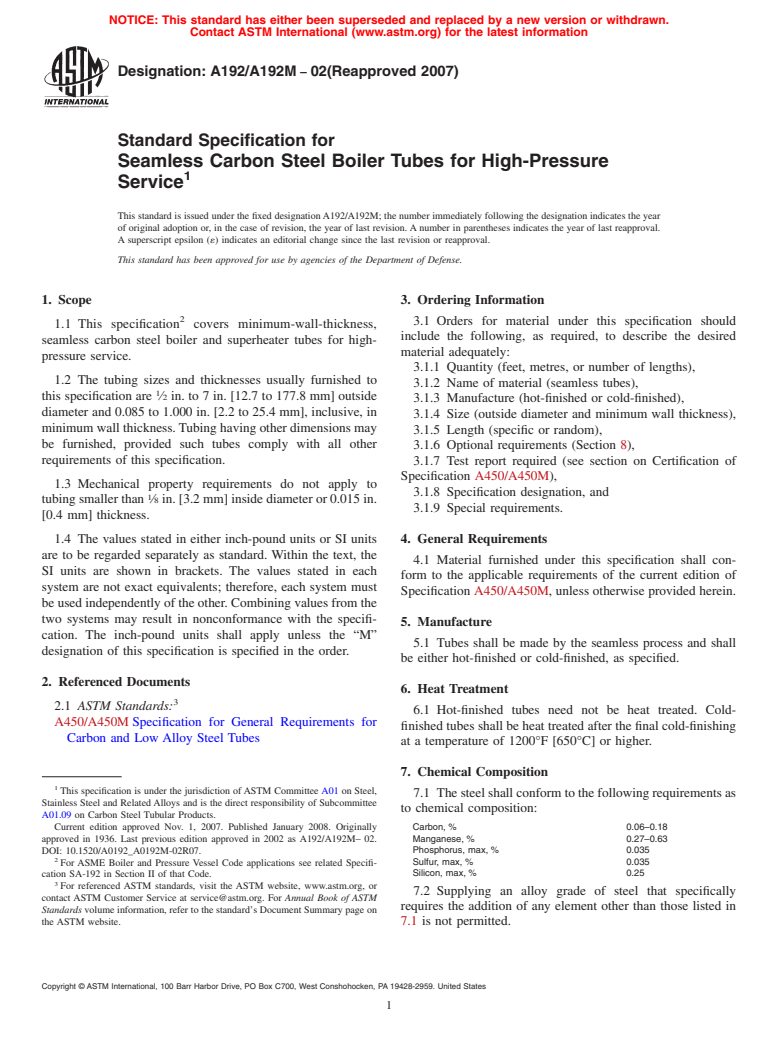 ASTM A192/A192M-02(2007) - Standard Specification for  Seamless Carbon Steel Boiler Tubes for High-Pressure Service