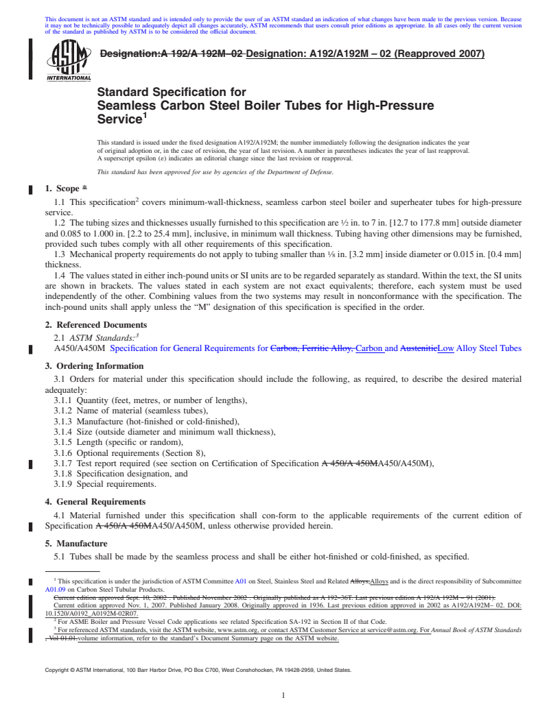 REDLINE ASTM A192/A192M-02(2007) - Standard Specification for  Seamless Carbon Steel Boiler Tubes for High-Pressure Service