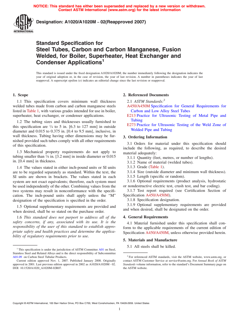 ASTM A1020/A1020M-02(2007) - Standard Specification for Steel Tubes, Carbon and Carbon Manganese, Fusion Welded, for Boiler, Superheater, Heat Exchanger and Condenser Applications