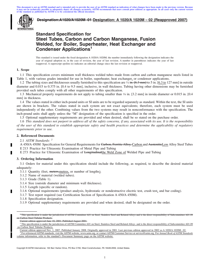 REDLINE ASTM A1020/A1020M-02(2007) - Standard Specification for Steel Tubes, Carbon and Carbon Manganese, Fusion Welded, for Boiler, Superheater, Heat Exchanger and Condenser Applications