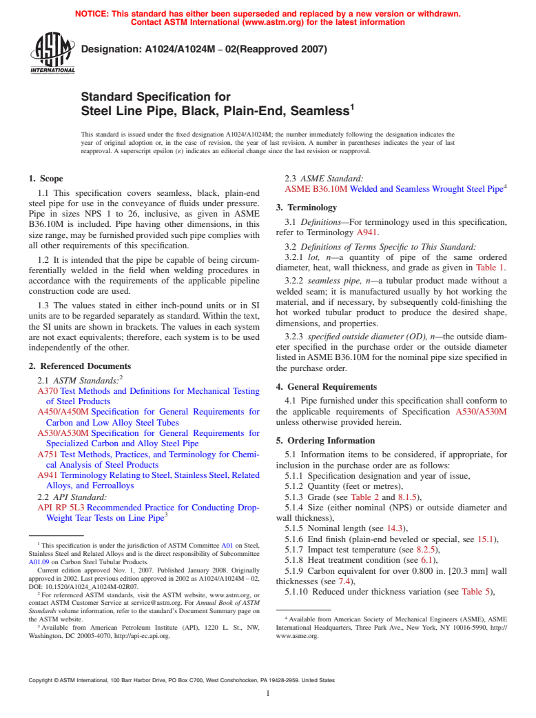 ASTM A1024/A1024M-02(2007) - Standard Specification for Steel Line Pipe, Black, Plain-End, Seamless