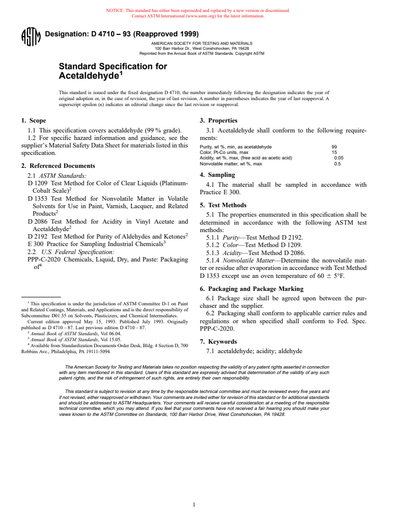 ASTM D4710-93(1999) - Standard Specification for Acetaldehyde