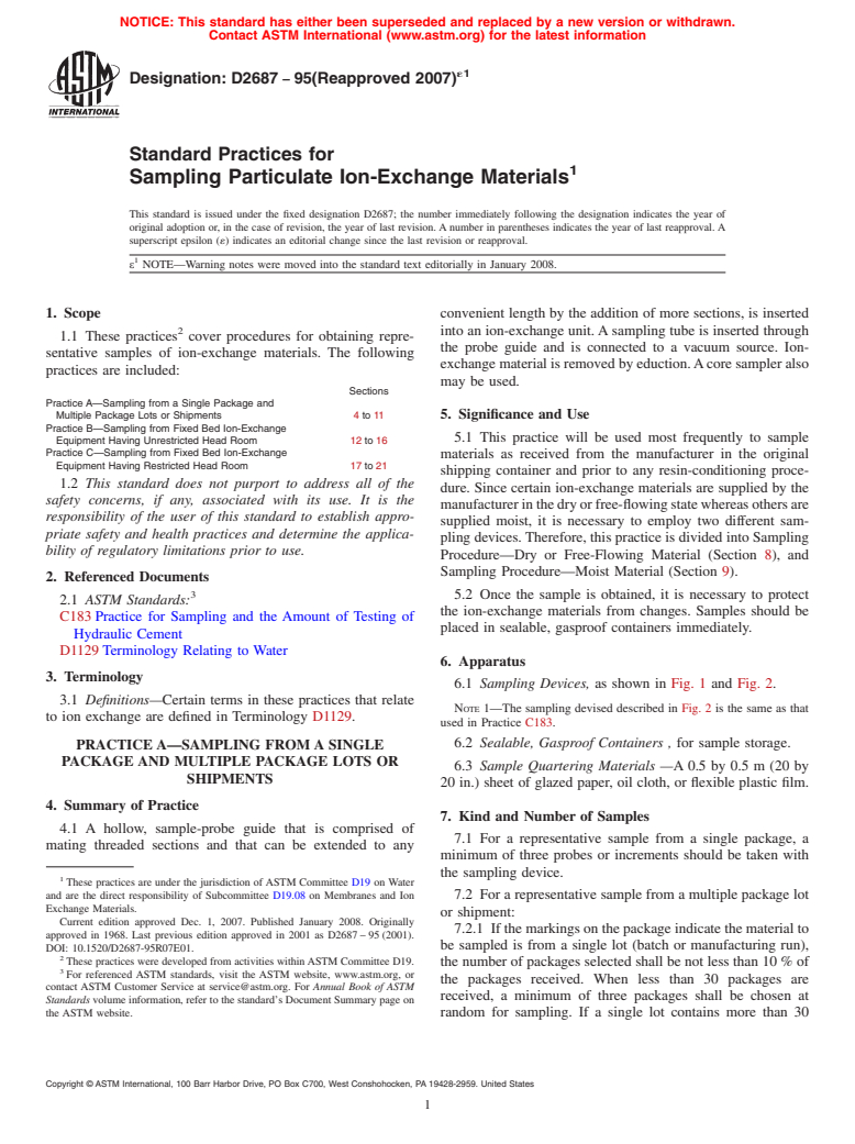 ASTM D2687-95(2007)e1 - Standard Practices for Sampling Particulate Ion-Exchange Materials