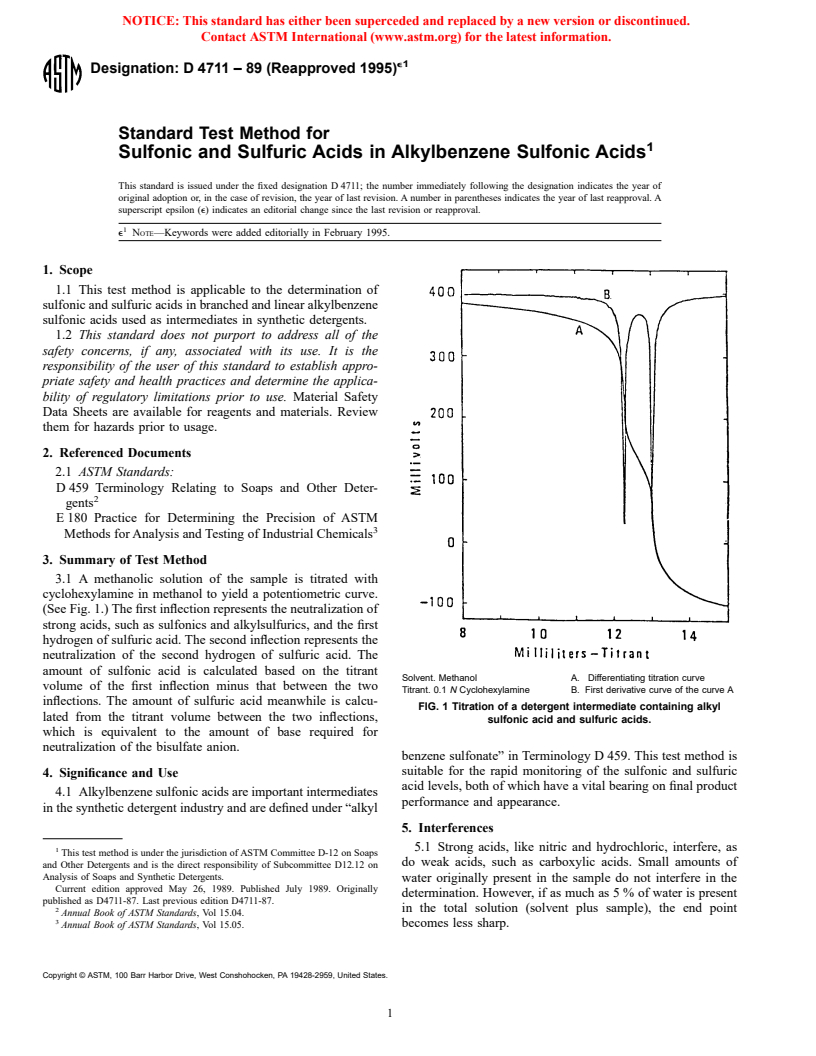 ASTM D4711-89(1995)e1 - Standard Test Method for Sulfonic and Sulfuric Acids in Alkylbenzene Sulfonic Acids