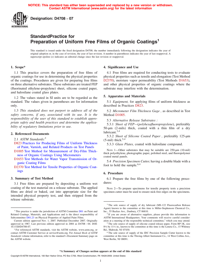 ASTM D4708-07 - Standard Practice for  Preparation of Uniform Free Films of Organic Coatings