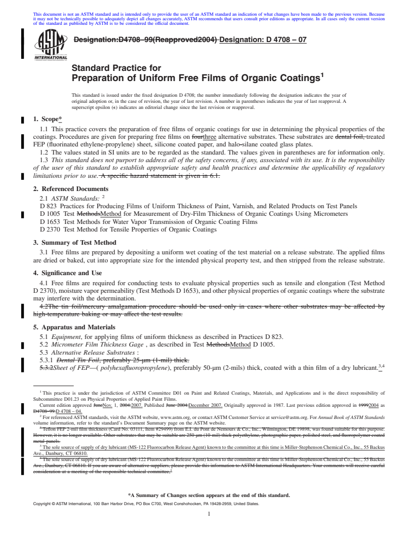 REDLINE ASTM D4708-07 - Standard Practice for  Preparation of Uniform Free Films of Organic Coatings