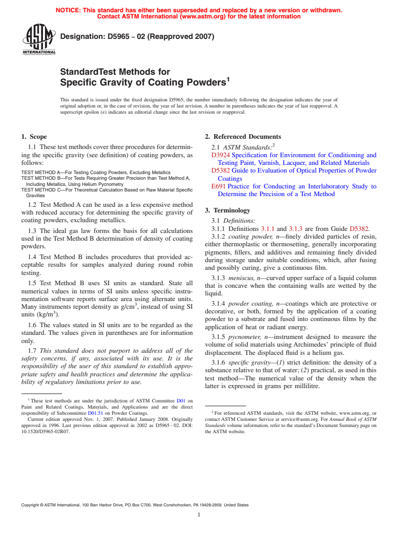 ASTM D5965-02(2007) - Standard Test Methods for  Specific Gravity of Coating Powders