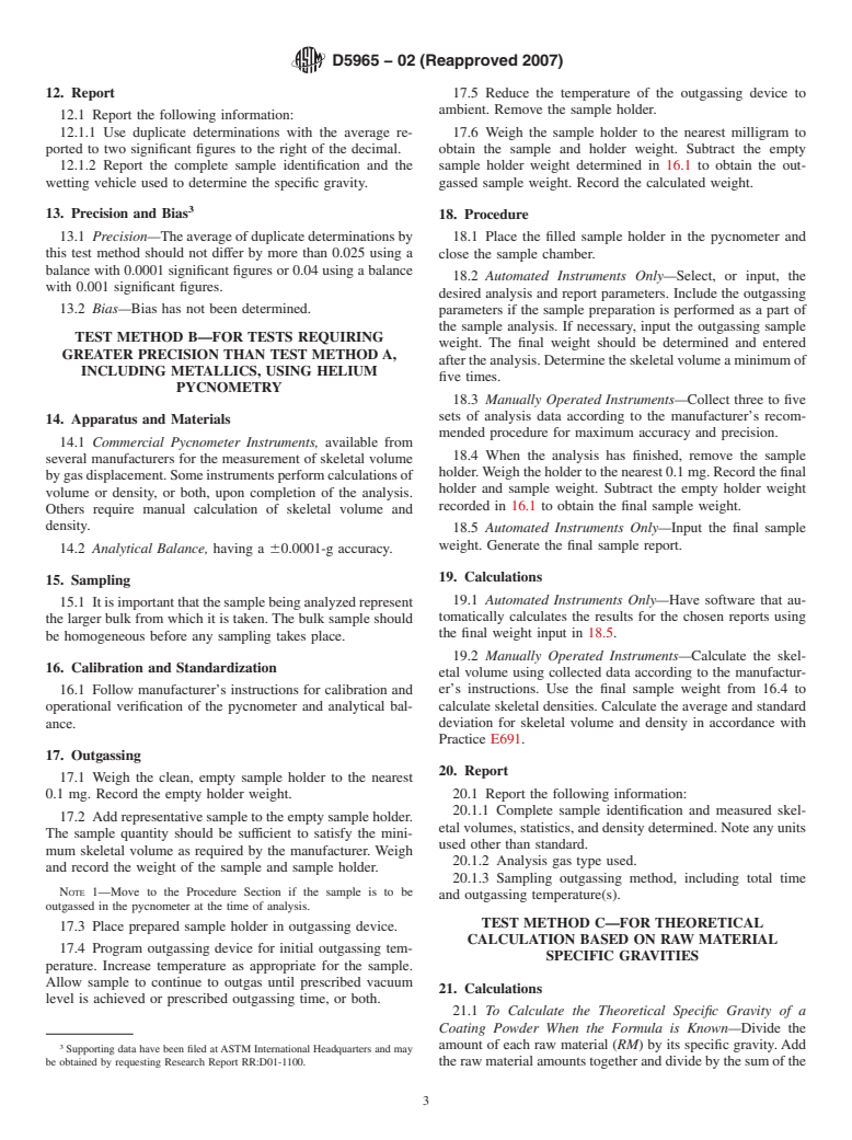 ASTM D5965-02(2007) - Standard Test Methods for  Specific Gravity of Coating Powders