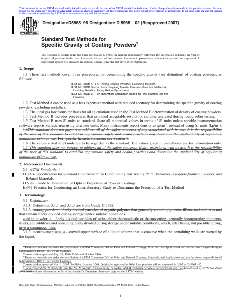 REDLINE ASTM D5965-02(2007) - Standard Test Methods for  Specific Gravity of Coating Powders