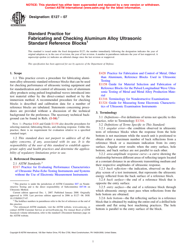 ASTM E127-07 - Standard Practice for  Fabricating and Checking Aluminum Alloy Ultrasonic Standard Reference Blocks