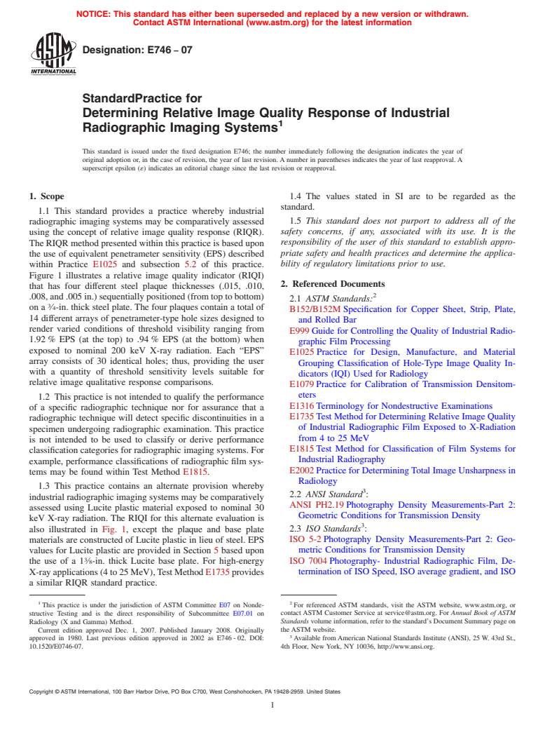 ASTM E746-07 - Standard Practice for Determining Relative Image Quality Response of Industrial Radiographic Imaging Systems