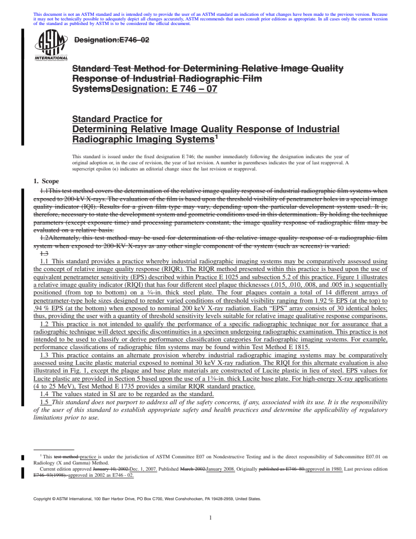 REDLINE ASTM E746-07 - Standard Practice for Determining Relative Image Quality Response of Industrial Radiographic Imaging Systems