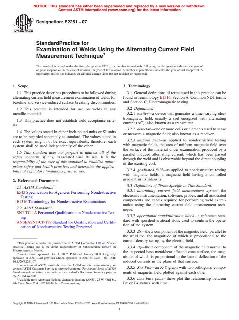 ASTM E2261-07 - Standard Practice for Examination of Welds Using the Alternating Current Field Measurement Technique