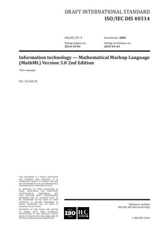 ISO/IEC 40314:2016 - Information technology -- Mathematical Markup Language (MathML) Version 3.0 2nd Edition
