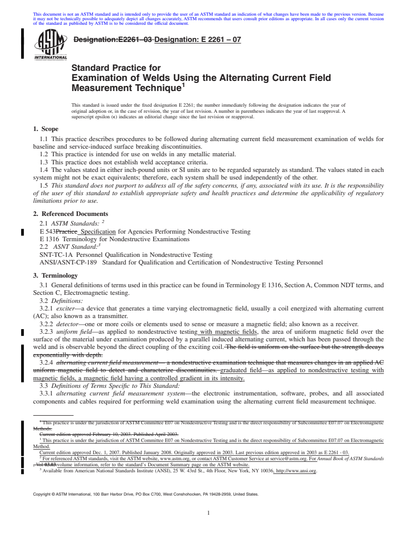 REDLINE ASTM E2261-07 - Standard Practice for Examination of Welds Using the Alternating Current Field Measurement Technique
