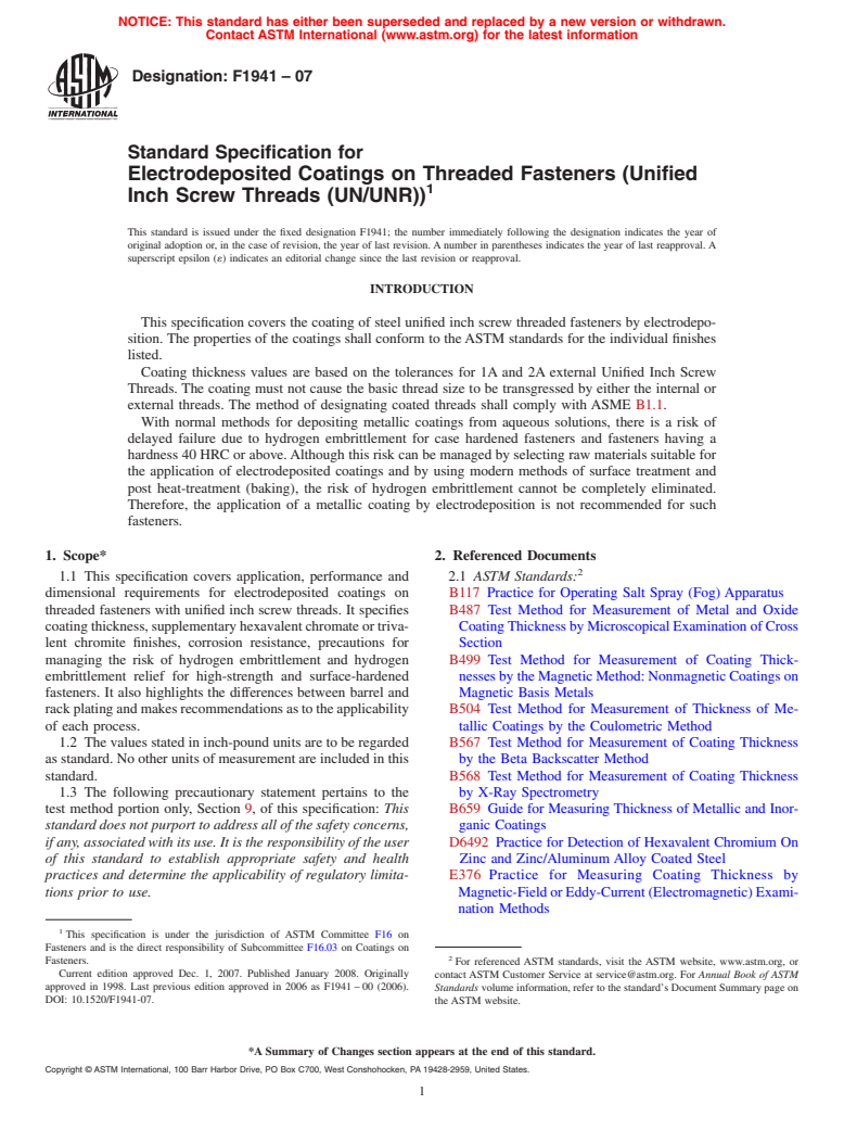 ASTM F1941-07 - Standard Specification for Electrodeposited Coatings on Threaded Fasteners (Unified Inch Screw Threads (UN/UNR))
