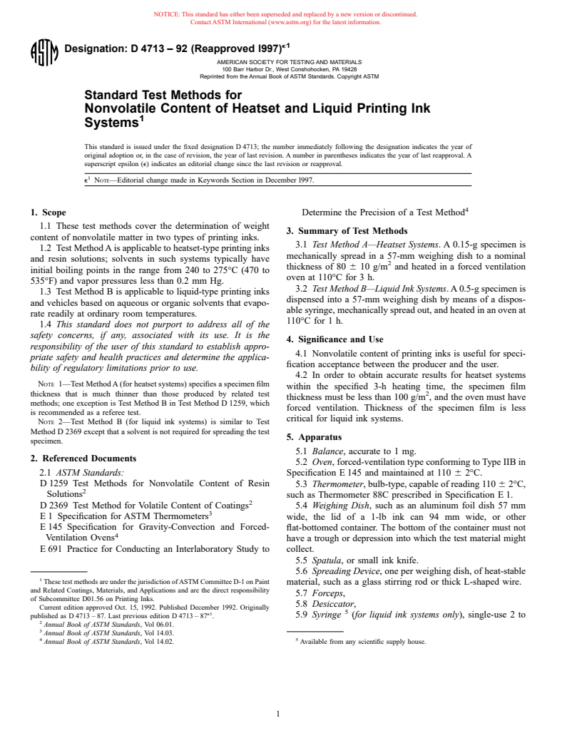 ASTM D4713-92(1997)e1 - Standard Test Methods for Nonvolatile Content of Heatset and Liquid Printing Ink Systems