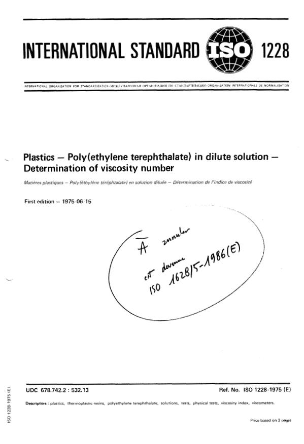ISO 1228:1975 - Plastics -- Poly(ethylene terephthalate) in dilute solution -- Determination of viscosity number