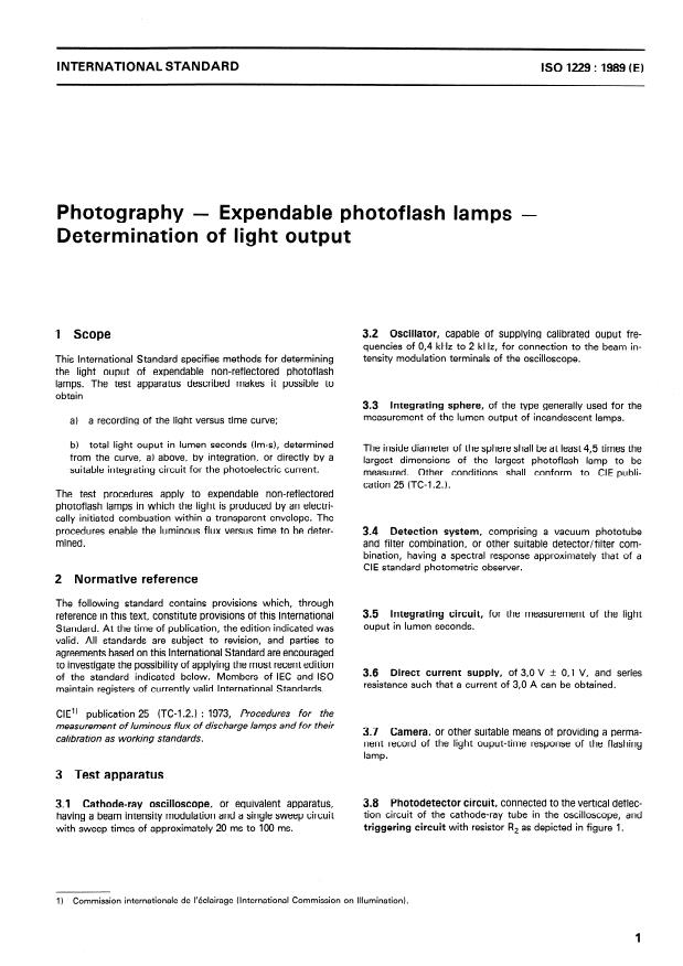 ISO 1229:1989 - Photography -- Expendable photoflash lamps -- Determination of light output