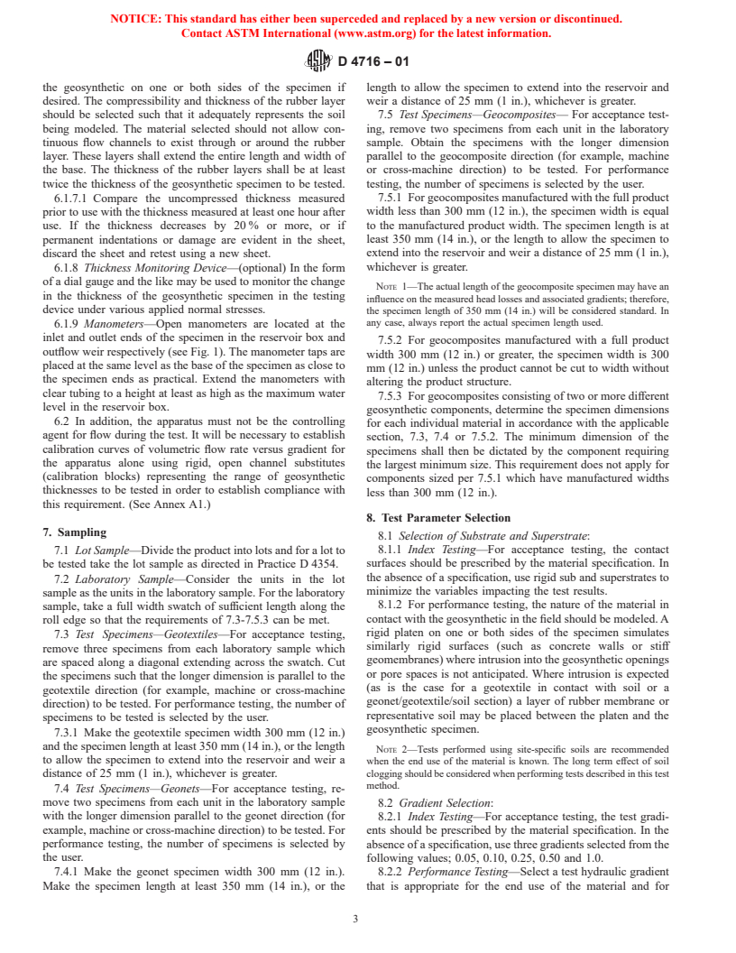 ASTM D4716-01 - Test Method for Determining the (In-plane) Flow Rate per Unit Width and Hydraulic Transmissivity of a Geosynthetic Using a Constant Head